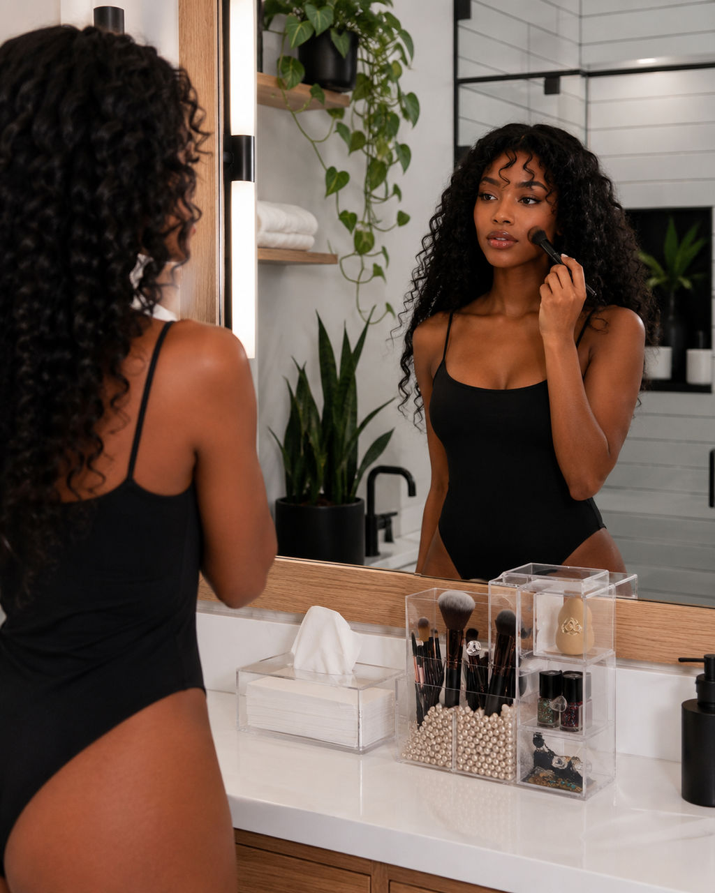 lady wearing black bodysuit looking in mirror