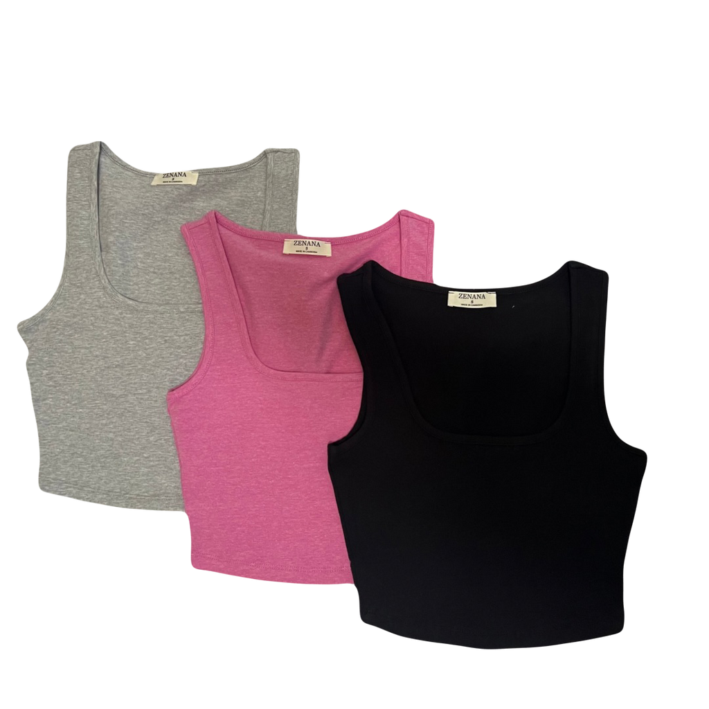 Three tank tops in gray, pink, and black on a white background