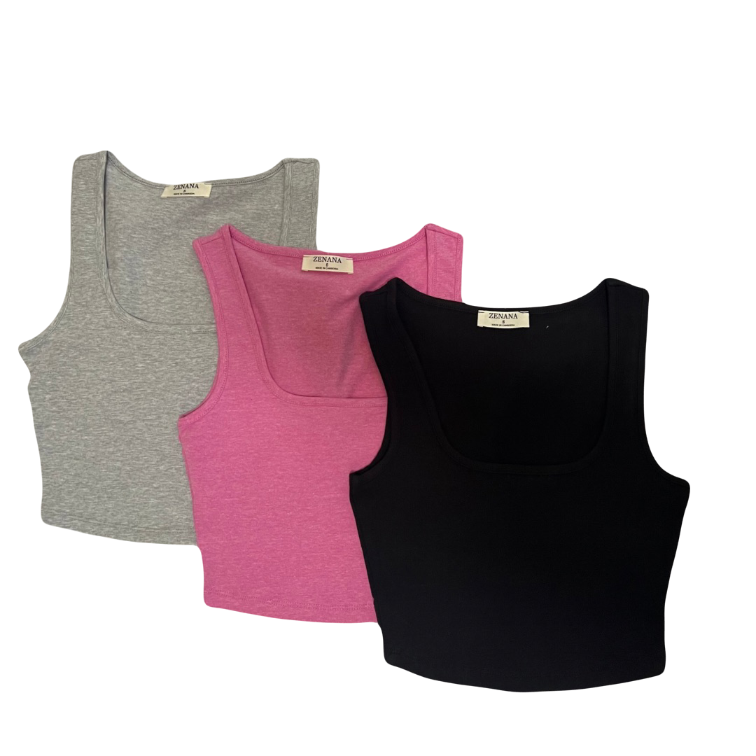 Three tank tops in gray, pink, and black on a white background