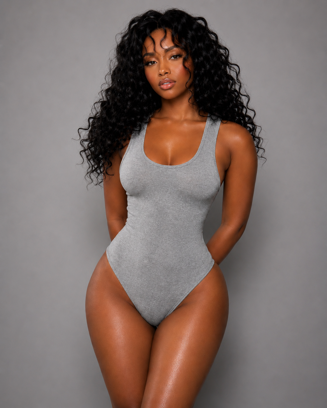 Woman wearing gray bodysuit against gray background