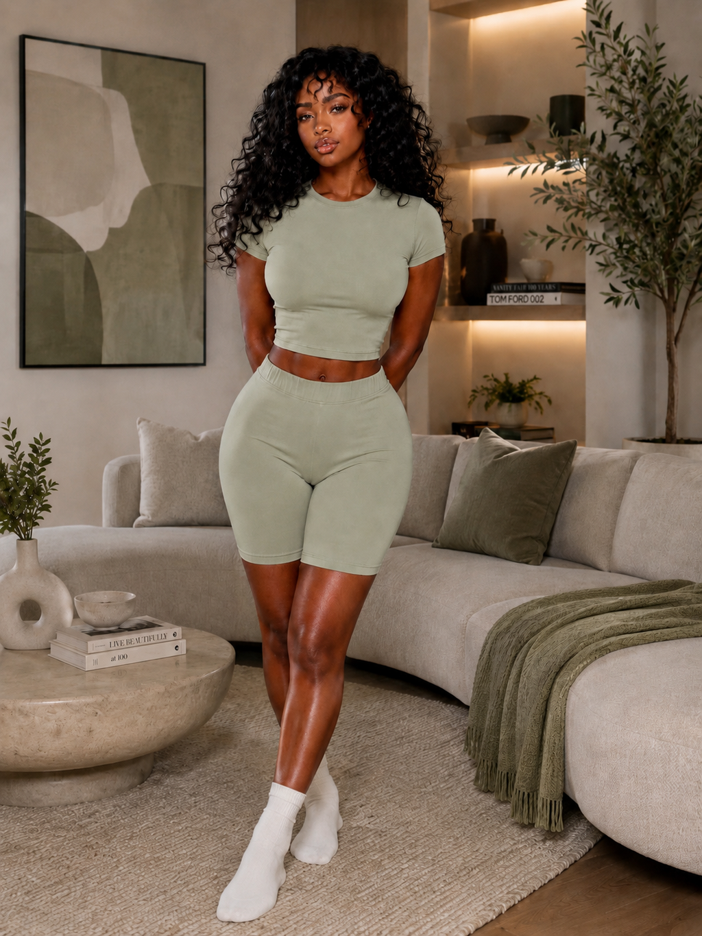 Woman in a green outfit standing in a living room.