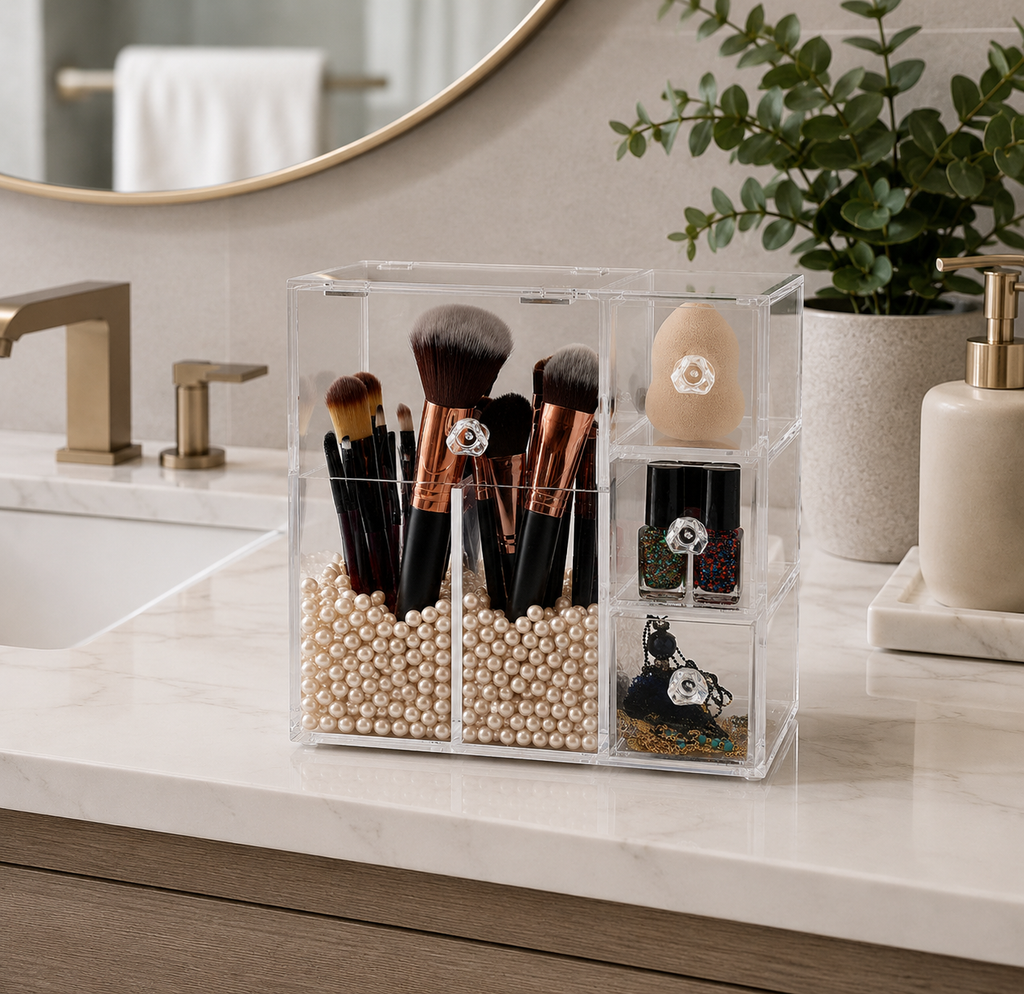Acrylic makeup organizer on bathroom counter