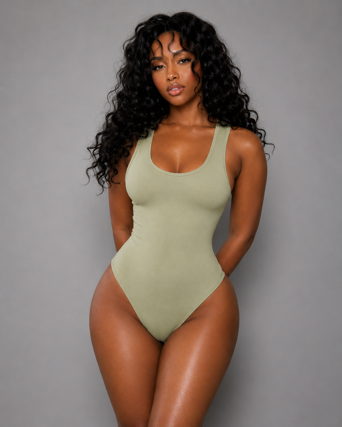 Woman wearing green bodysuit top